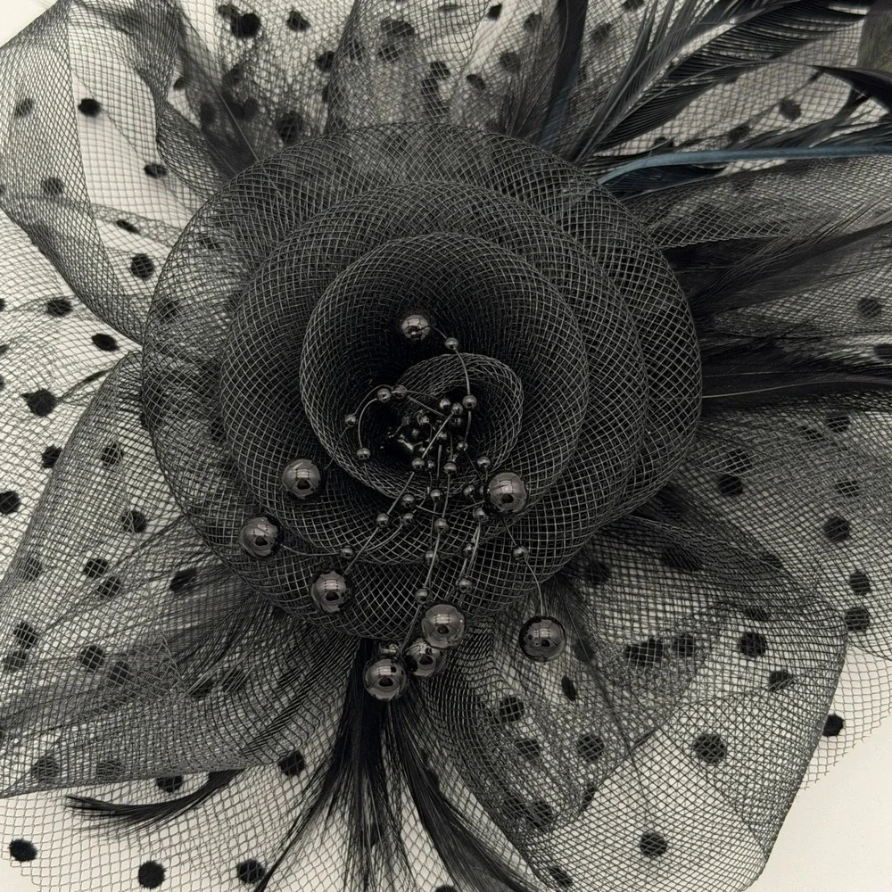 Black Floral Mesh Feather Hair Clip Brooch Women Accent Accessory‎